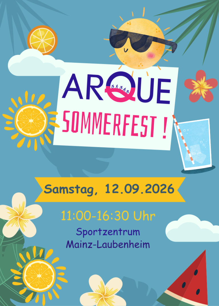 Grafik Hintergrund taubengrau mit Sonne mit Sonnenbrille, Blumen, Zitronenscheiben, Wasserglas und Wassermelone, mittig LOGO ARQUE, darunter Schriftzug Sommerfest am Samstag, 12.09.2026 11-16:30 Uhr im Sportzentrum Mainz-Laubenheim.